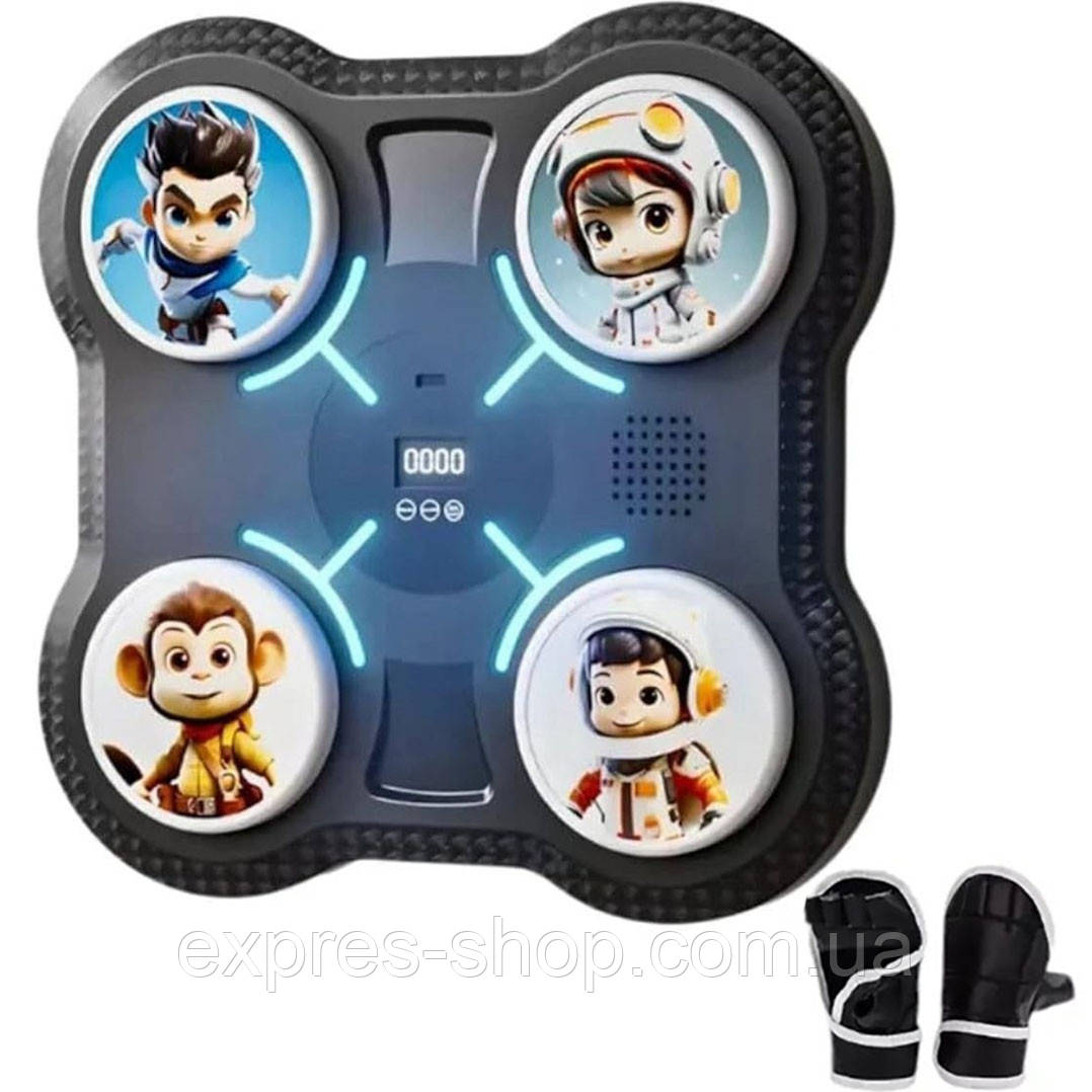 Настінний боксерський тренажер + рукавички, 27х27см / Боксерська мішень з підсвічуванням і музикою, фото 1