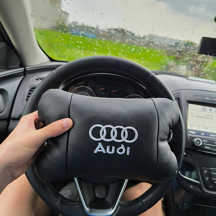 Набір автодушки 2 шт. на підголівник Audi/Ауді з натуральної шкіри чорна/підголівник у машину, фото 1