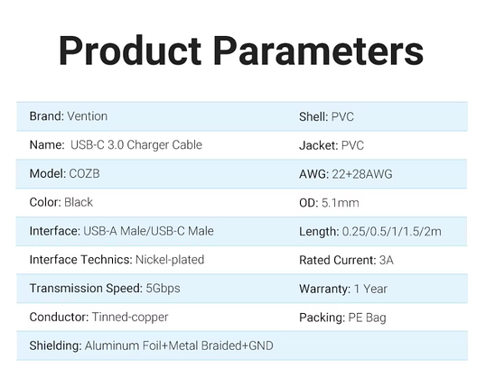 Кабель Vention USB-Type-C 3A USB3.0 5Gbps QC3.0 PVC 0.5m Black (COZBD), фото 2