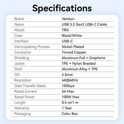 Кабель Type-C-Type-C 3.2 Gen2 Vention TPE Nylon Braided 4K 60Hz 100W 5A 10Gbps 1m White (TRGWF), фото 2