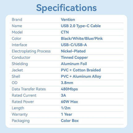 Кабель USB-Type-C Vention Alum Alloy Shell 3A 60W 480Mbps 2m Black (CTNBH), фото 2
