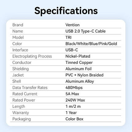 Кабель Type-C-Type-C Vention Alum Allo Nylon-Braided E-Marker Chip PD3.1 240W 5A 480Mbps 2m Black (TRIBH), фото 2