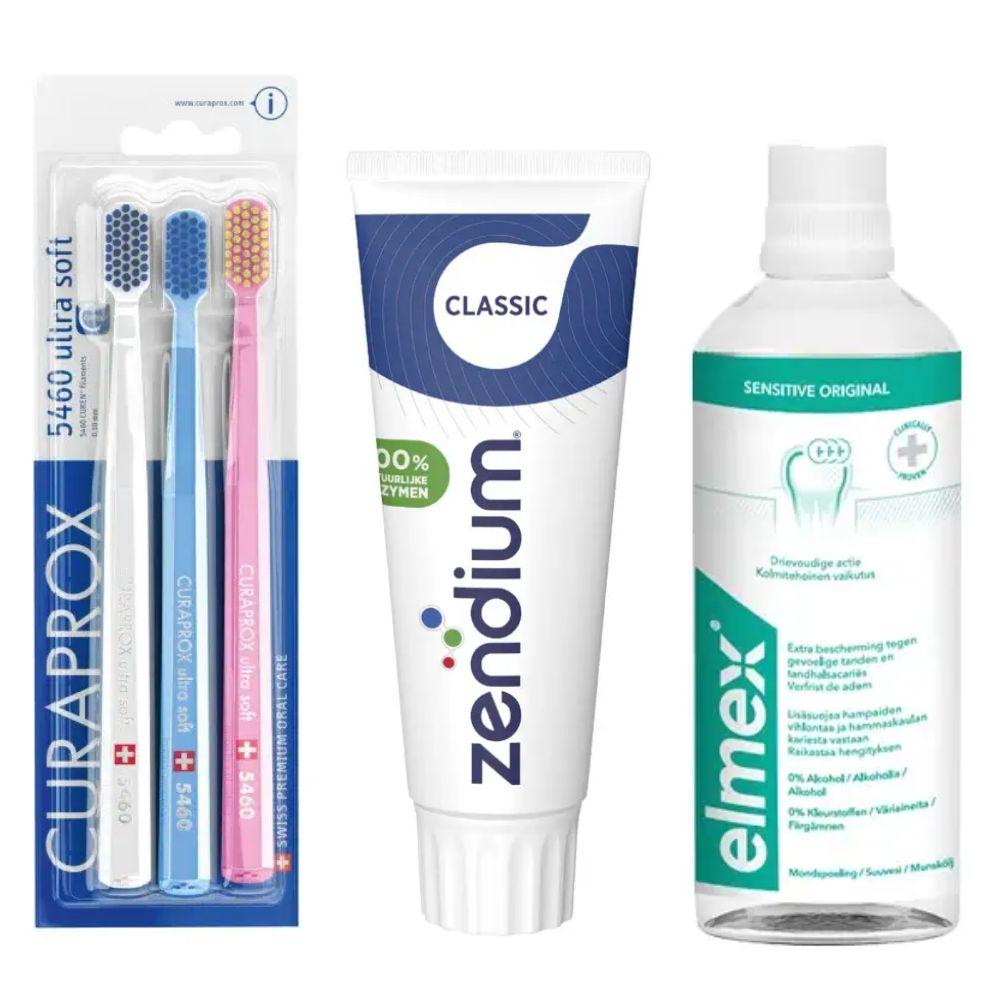 Набір зубних щіток Curaprox CS 5460/3 Ultra Soft d 0,10 мм (3 шт.) + ополіскувач ELMEX Sensitive Original + паста Zendium Classic