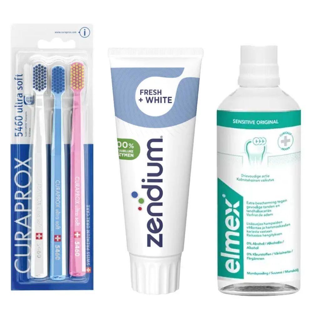 Набір зубних щіток Curaprox CS 5460/3 Ultra Soft (3 шт.) + ополіскувач ELMEX Sensitive Original + паста Zendium Fresh+White