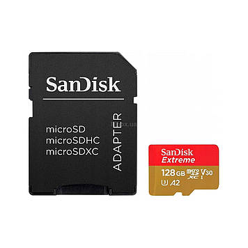Картка пам'яті 128 GB microSDXC UHS-I U3 V30 A2 Class 10 SanDisk Extreme SDSQXAA-128G-GN6AA, швидкість 90 МБ/с, адаптер у