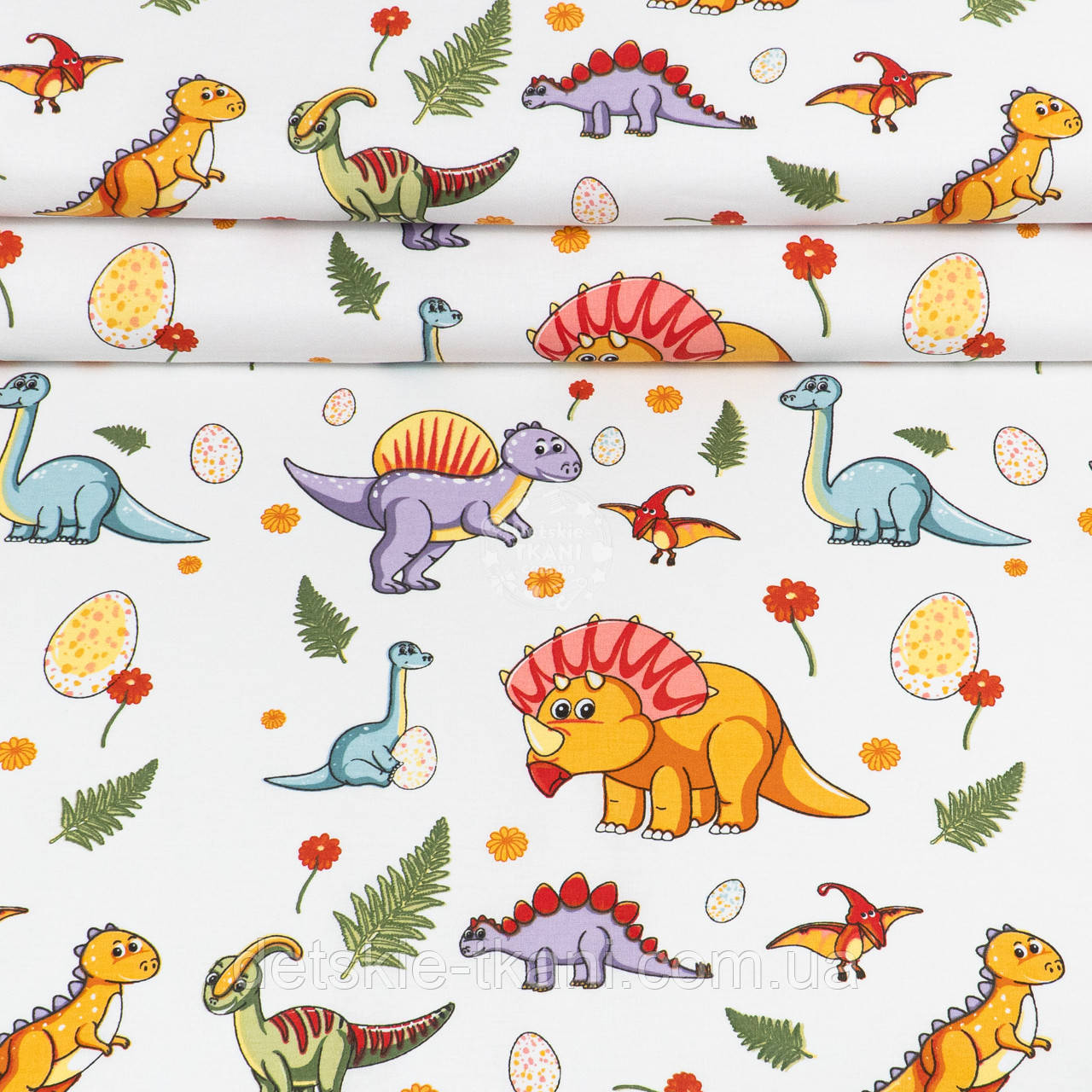 Ранфорс шириною 240 см "Зелена папороть, бузкові динозаври та гербера", №5608, фото 1