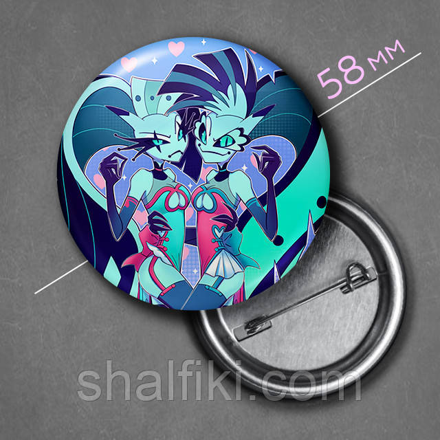 "Гліц та Глем (Пекельний бос / Helluva boss)" значок круглий на булавці Ø58 мм, фото 1