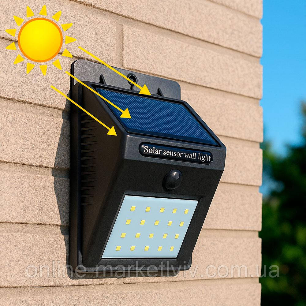 Вуличний LED ліхтар із сонячною панеллю, 20LED / Настінний фасадний світильник на вулицю, фото 1