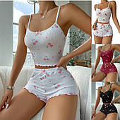 Піжамка в рубчик з вишнями (топ-майка+шорти)