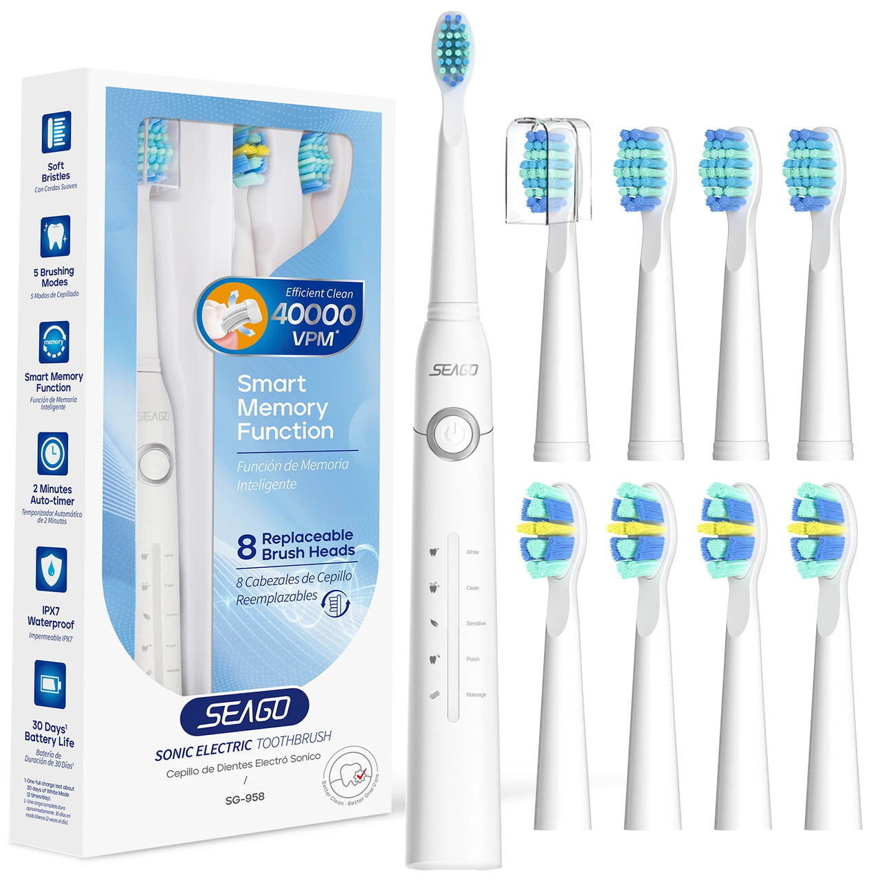 Електрична зубна щітка SEAGO SG-958 Rechargeable Sonic + 8 насадок