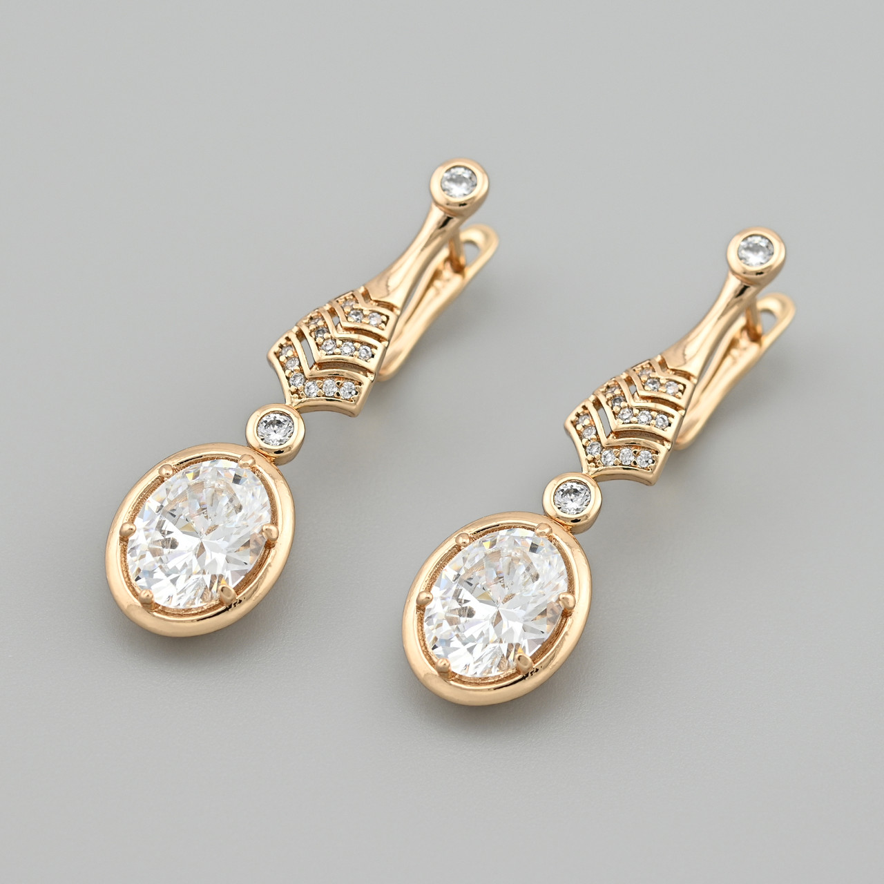 Сережки підвіски Катаріна 54103 розмір 36х11 мм білі фіаніти вага 7.0 г позолота 18К, фото 1