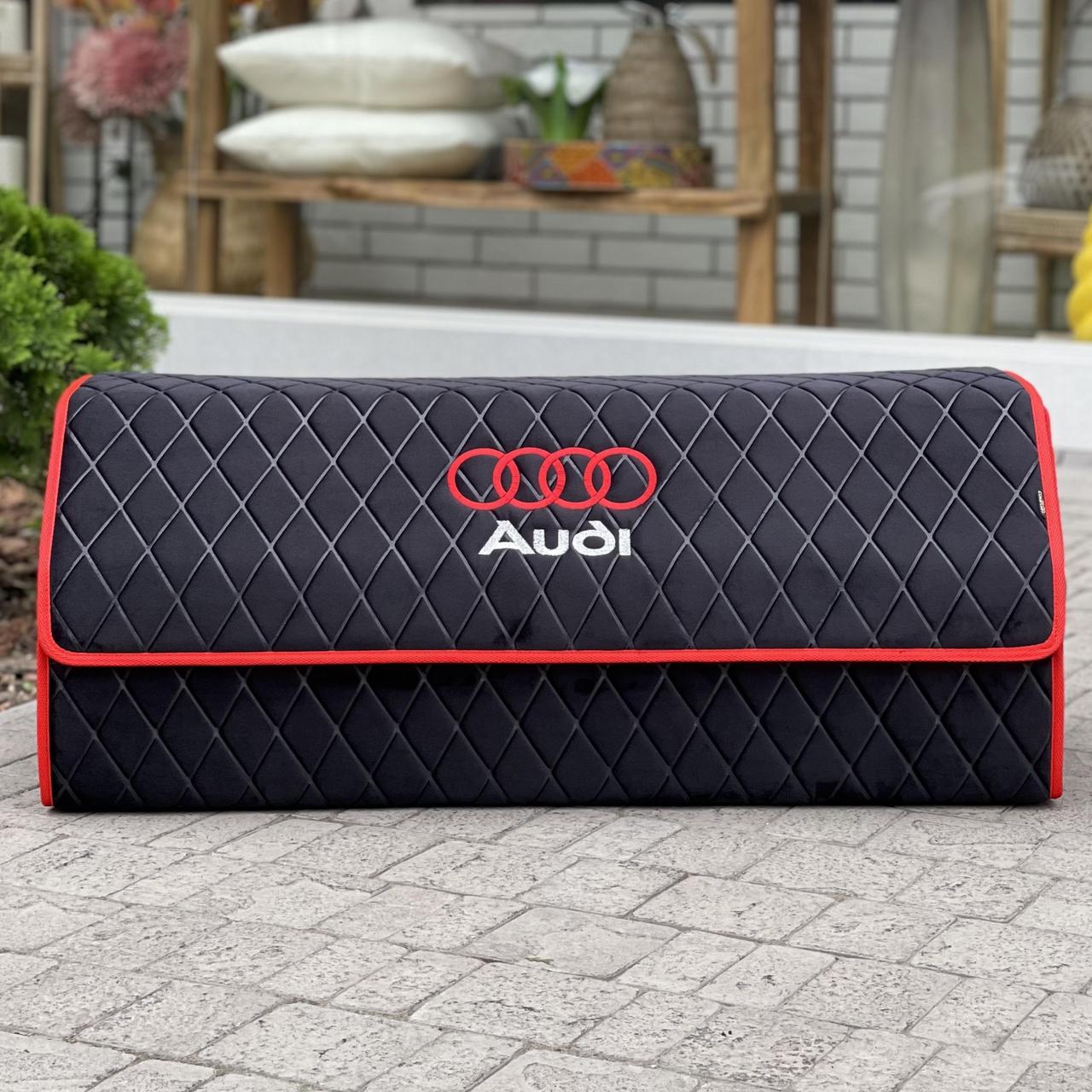Органайзер у багажник з вишивкою Audi, чорний велюр з червоним кантом, 80 см, автомобільний органайзер в авто, фото 1