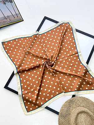 Шовкова хустка в горошок 70*70 см коричневий, фото 1