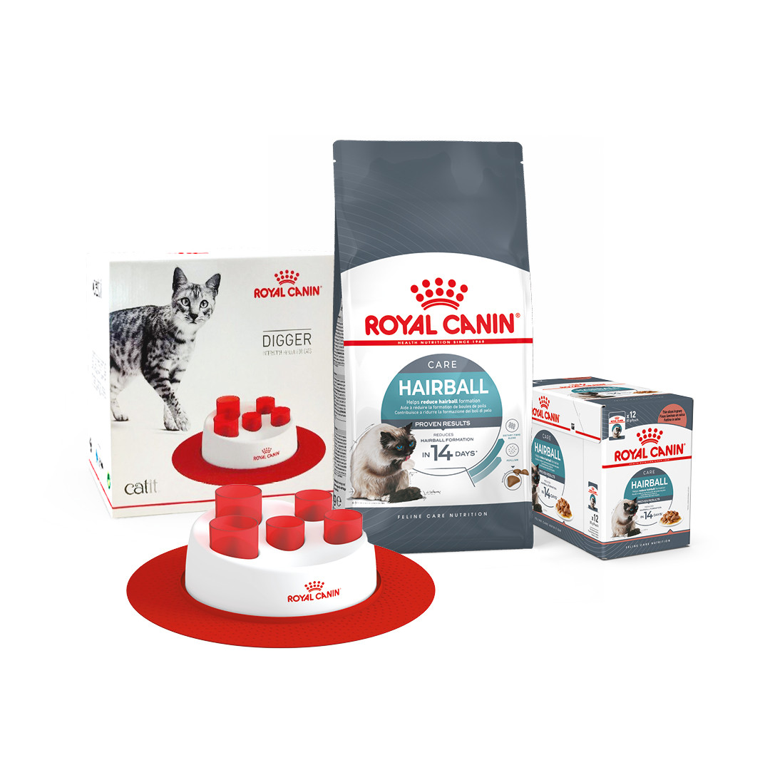 Корм для котів ROYAL CANIN HAIRBALL CARE 2кг + Вологий корм HAIRBALL CARE 12шт + інтерактивна годівниця