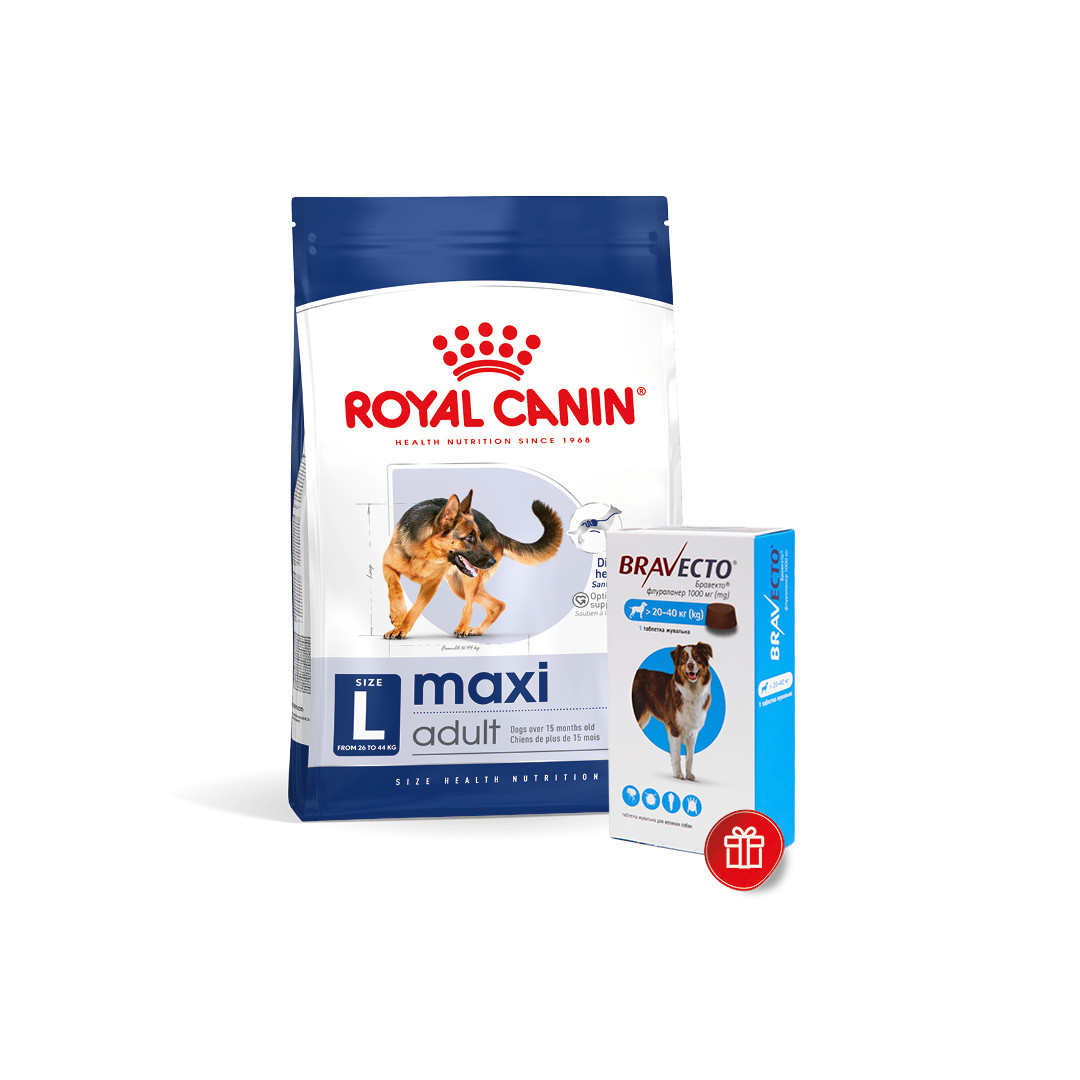 Корм для дорослих собак ROYAL CANIN MAXI ADULT 15 кг + Bravecto у подарунок