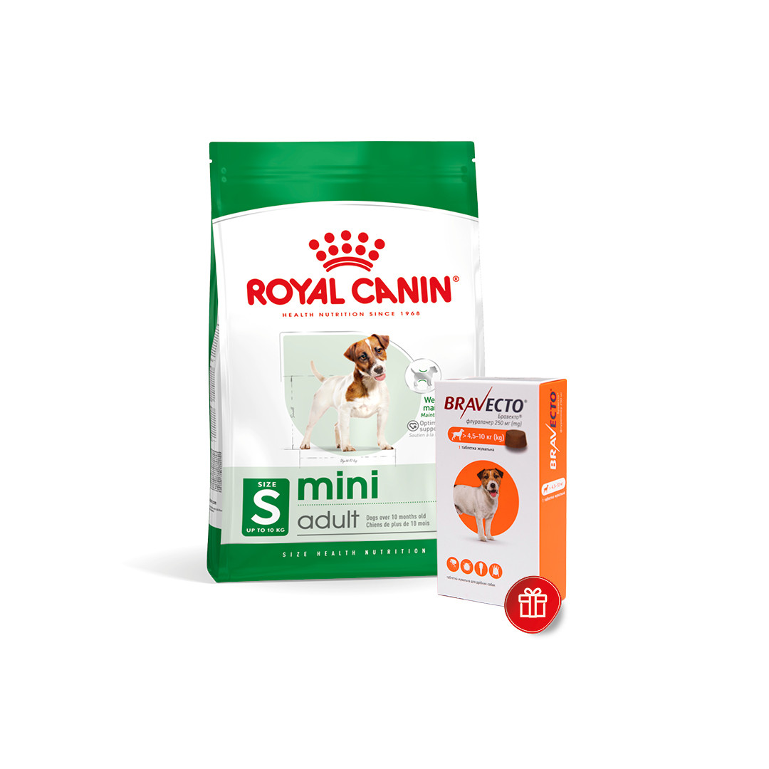 Корм для дорослих собак ROYAL CANIN MINI ADULT 8 кг + Bravecto у подарунок