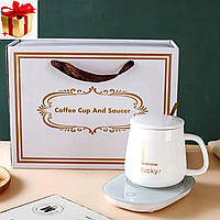 Чашка керамічна на підставці з підігрівом і ложечкою в комплекті в подарунковому пакованні пакеті