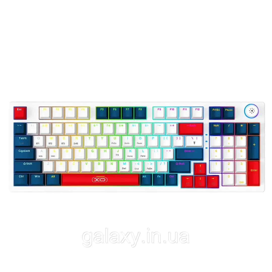 Клавіатура ігрова XO бездротова BT5.0/2.4GHz,дротова з RGB розкладка УКР/АНГ KB-08 White Blue Red, фото 1
