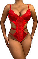 Женское боди с косточками для соблазна красного цвета с кружевом