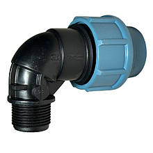 Кути затискні (коліна) із зовнішньою різзю для поліетиленової труби