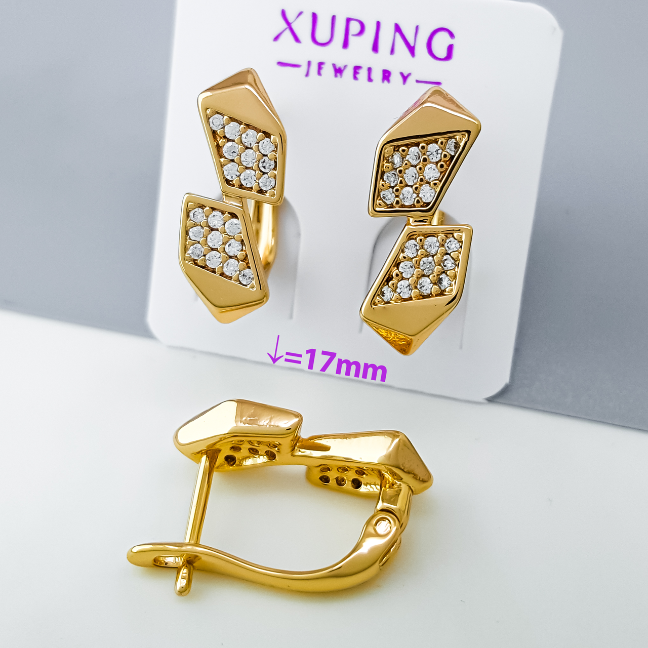 Сережки Асиметрія з розсипом каміння, англ.замок, медсплав Xuping позолота 18K, фото 1