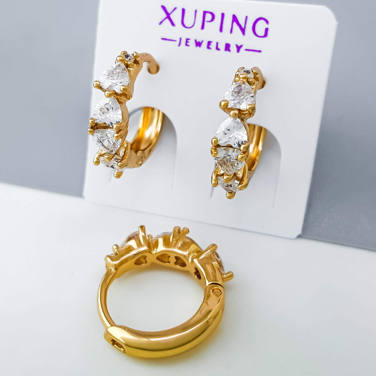 Сережки Доріжка Сердець, вставка цирконій, медсплав Xuping позолота 18K, фото 1