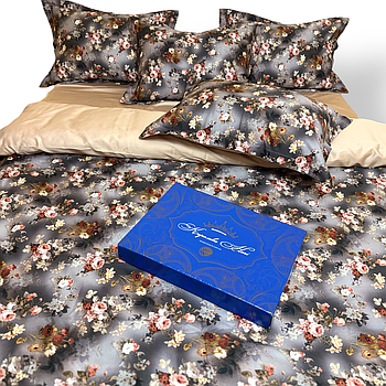 Підковдра на блискавці 145х215 Королева Ночі (Сатин Premium) | Полуторна | Квіти на сірому та бежевому