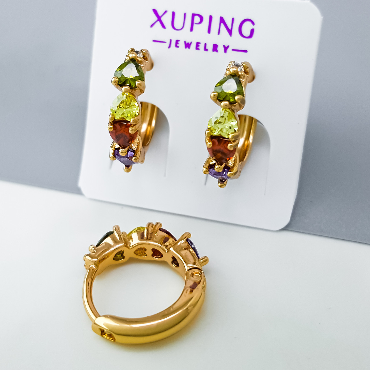 Сережки Серця з різнобарвним цирконієм, медсплав Xuping позолота 18K