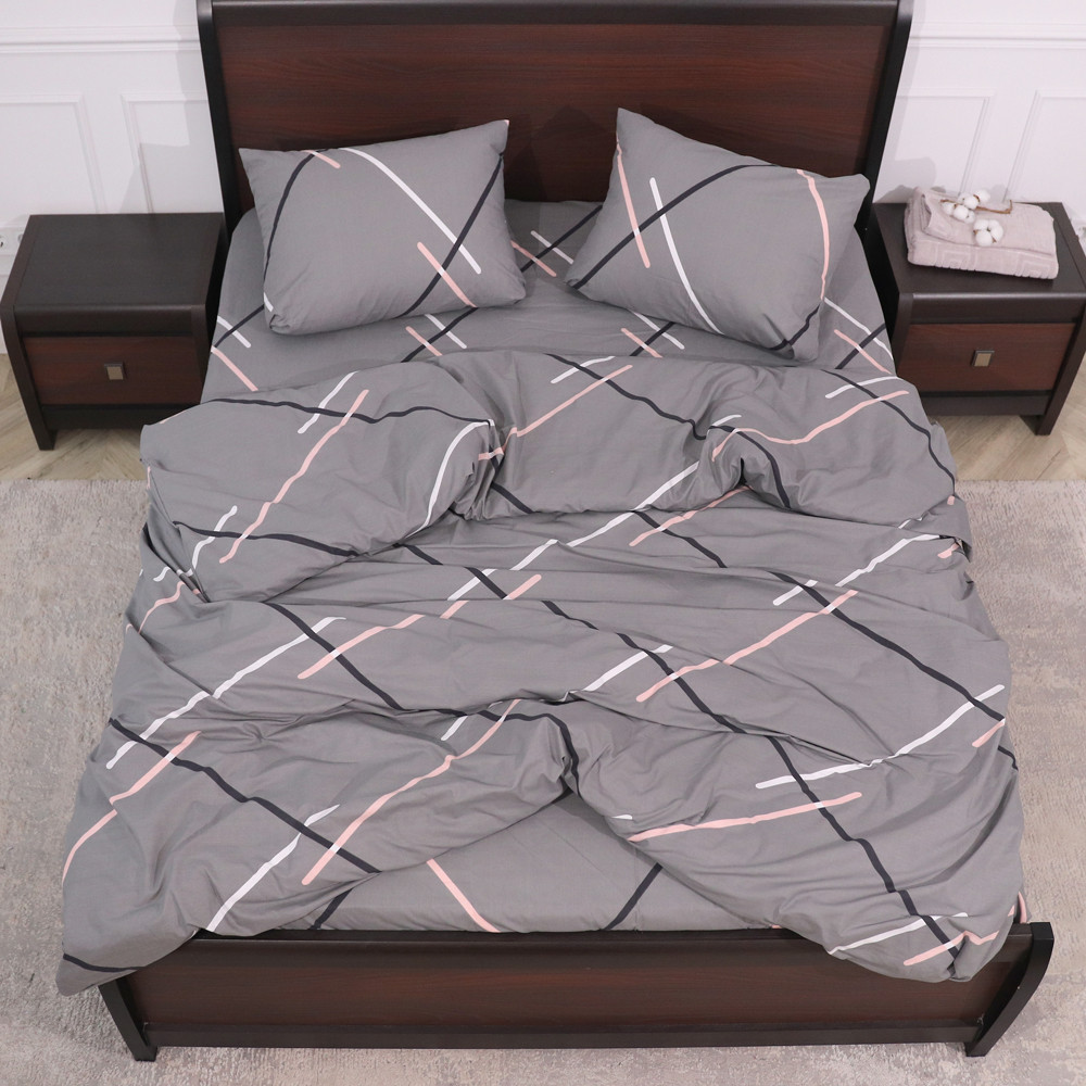 Двоспальний набір із геометричним принтом постільної білизни 180*220 з Бязі Gold сірий бавовняний, Черешенька™
