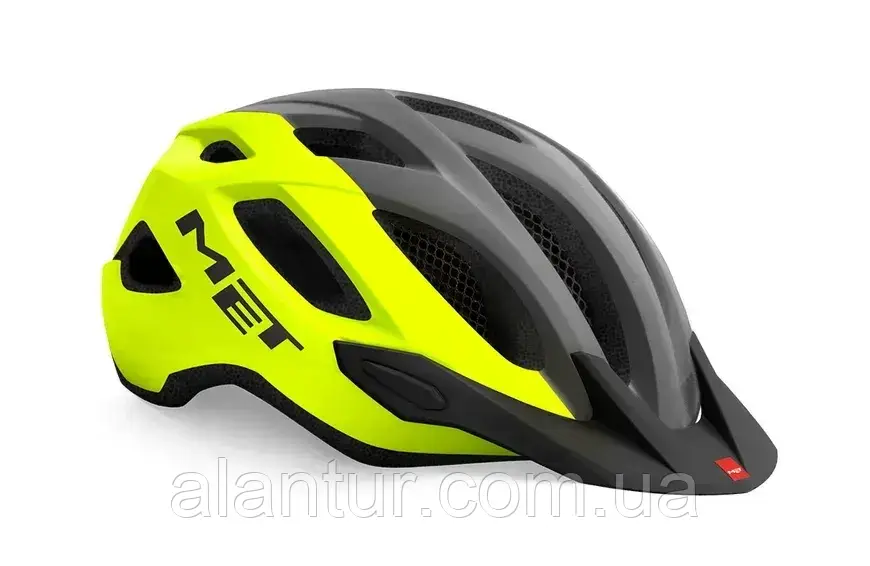 Велошолом MET Crossover CE Fluo Yellow Gray XL (60-64) - захисний шолом для велосипеда з мигалкою та знімним козирком, фото 1