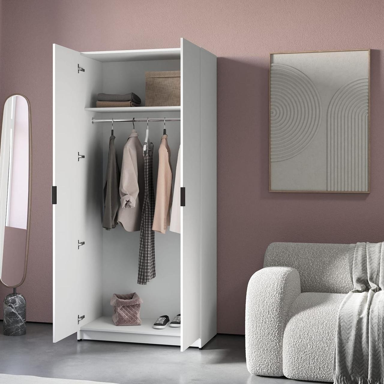 Шафа двостулкова з полицями та штангою розпашна з ламінованого ДСП Практичні шафи для передпокою, фото 1