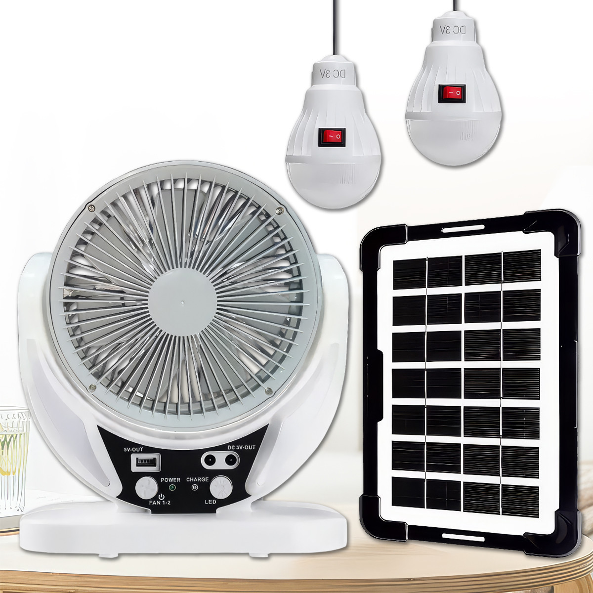Настільний вентилятор 4 в 1 на акумуляторі 4Ач з сонячною панеллю та 2 LED лампами, фото 1