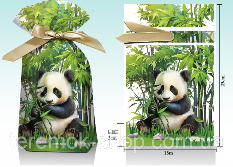 Пакет подарунковий з атласною стрічкою Панда поліетиленовий дитячий 23х12 см для подарунків і солодощів, фото 1