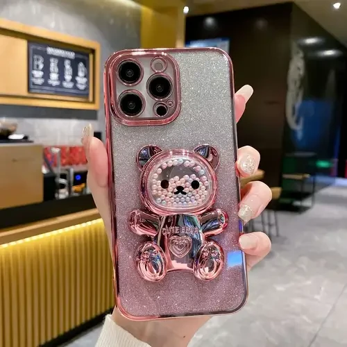 Чохол на телефон з блискітками 3D Cute Bear рожевий iPhone 12