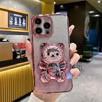 Чохол на телефон з блискітками 3D Cute Bear рожевий iPhone 12 Pro