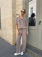 Літній жіночий брючний костюм із льону жатка