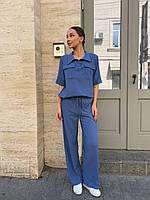 Літній жіночий брючний костюм із льону жатка