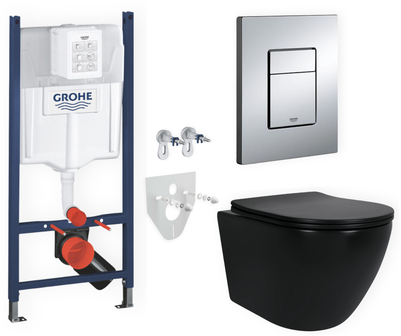 Комплект 5в1: інсталяція Grohe + безобідковий підвісний унітаз Robin, чорний + клавіша хром глянцева
