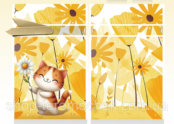 Пакет подарунковий дитячий з малюнком Котик з квіточкою з атласною стрічкою зав'язкою поліетиленові 23х12 см, фото 1