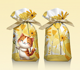 Пакет подарунковий дитячий з малюнком Котик з квіточкою з атласною стрічкою зав'язкою поліетиленові 23х12 см, фото 2