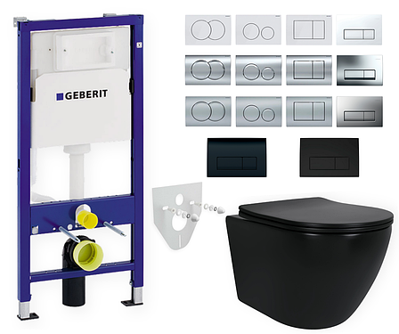 Комплект 5в1: інсталяція Geberit + безобідковий підвісний унітаз Robin, чорний + клавіша на вибір, фото 1