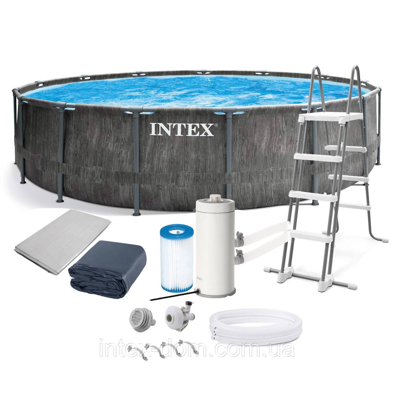 Каркасний басейн Intex 26742 (457x122 см) (Картріджний фільтр-насос 3785 л/год, драбина, тент, підстилка), фото 1