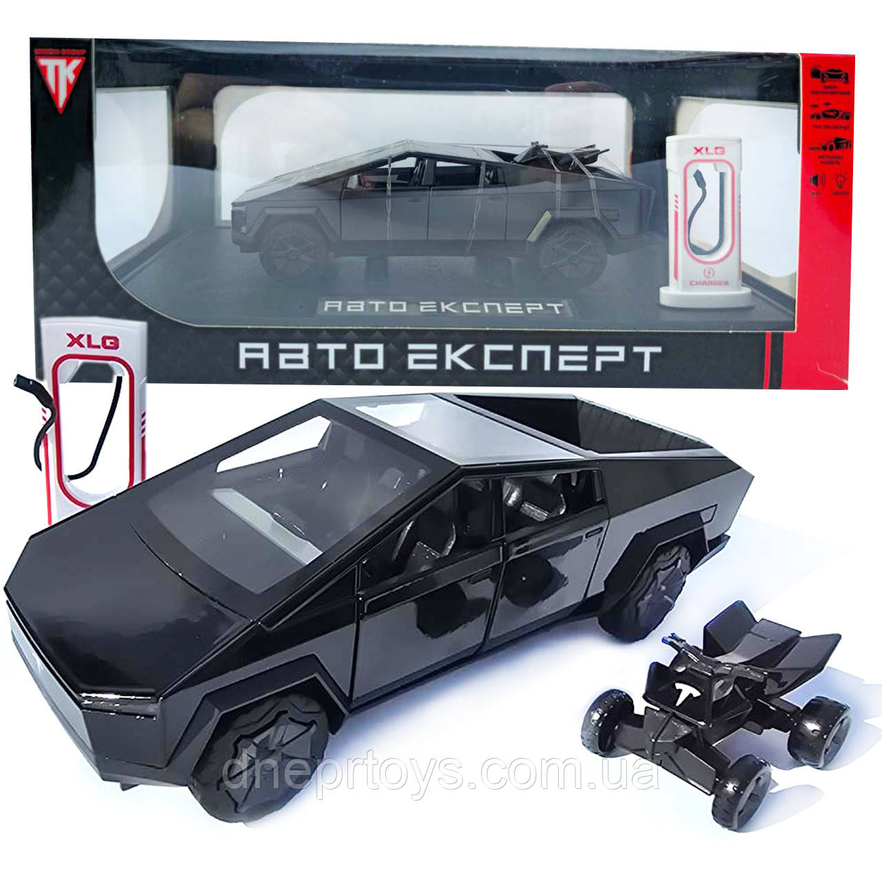Машинка металева Tesla Cybertruck з мотоциклом чорна Тесла Кібертрак 1:24 відкр двері багажник капот інерція звук світло