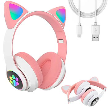 Навушники бездротові з котячими вушками VZV-23M / Дитячі навушники з мікрофоном і кольоровою підсвіткою