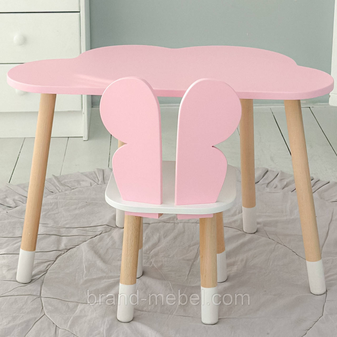 Стіл хмарка і стільчик метелик дитячий рожевий з білим сидінням. Столик для занять, ігор, їжі, фото 1