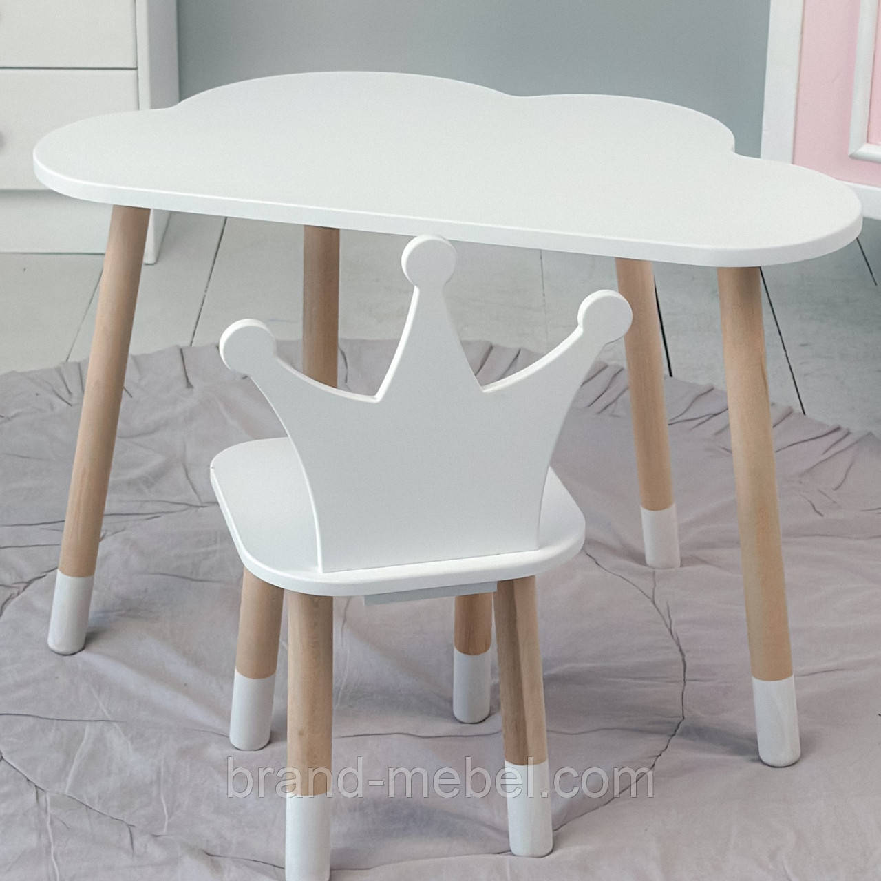 Стіл хмарка і стільчик дитячий  біла корона. Столик для занять, ігор, їжі, фото 1