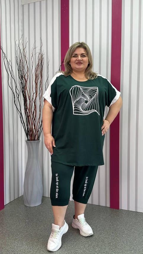 Костюм літній бавовняний (Футболка+капрі) з накатом з каміння "Забава" 64-68 70-76, фото 1