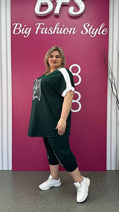 Костюм літній бавовняний (Футболка+капрі) з накатом з каміння "Забава" 64-68 70-76, фото 4