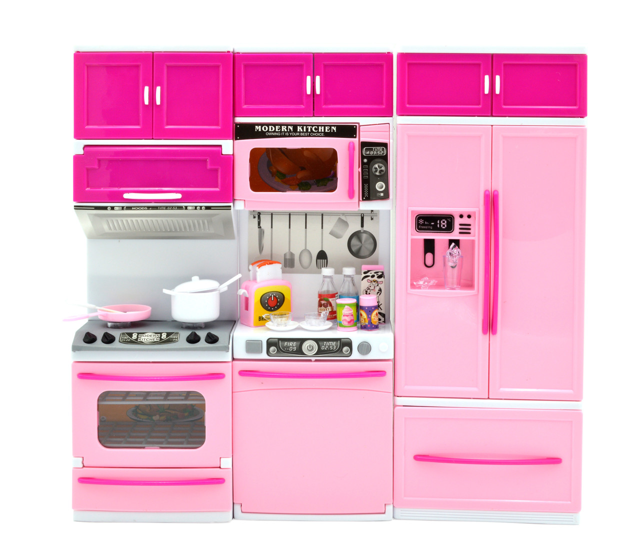 Меблі для ляльки 818-26А холодильник газова плита посудомийка звук світло висота 32 см, фото 1