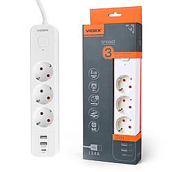 Мережевий подовжувач Videx ONCORD 3 розетки 3 метри 3x1.5мм із 2USB+USB-C 2.4А з кнопкою White з заземленням білий